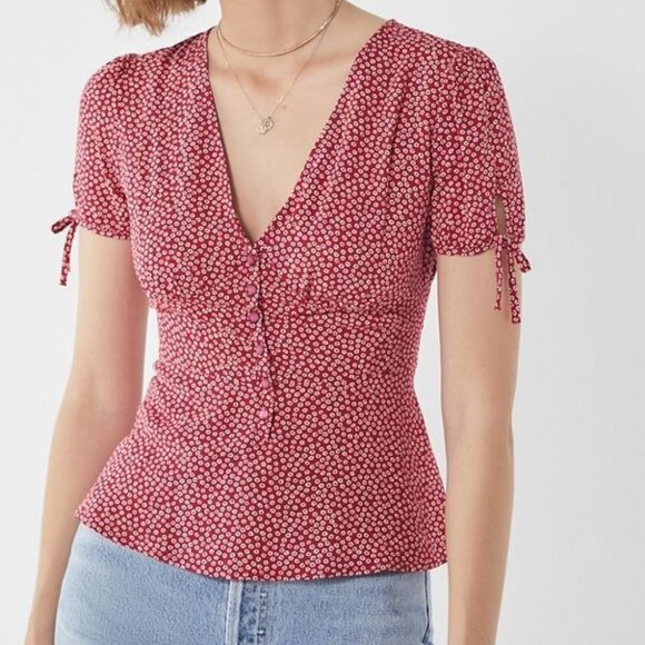 ISO Urban Outfitters Red Floral Plunge Neck Peplum Blouse with Tie Sleeves - Picture 1 of 1